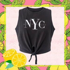 TBAR Limited NYC Tie Front Crop Tank Size M | Y2K Black Graphic Top